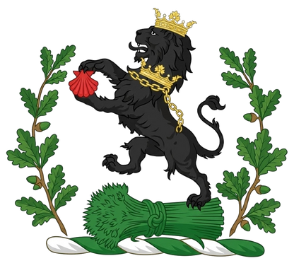 Between two oak-branches proper, on a garb fessewise Vert, a lion rampant Sable, gorged with a ducal coronet, and therefrom a chain reflexed over the back Or, holding between the paws an escallop Gules digital download: Includes Color PNG, B&W PNG, and SVG vector files