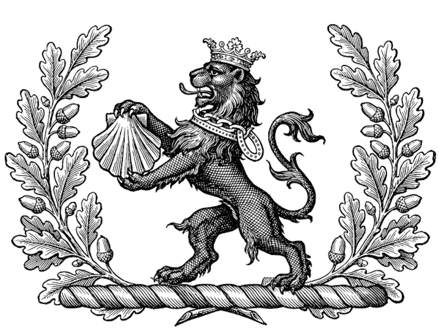 Between two oak-branches proper, on a garb fessewise Vert, a lion rampant Sable, gorged with a ducal coronet, and therefrom a chain reflexed over the back Or, holding between the paws an escallop Gules digital download: Includes Color PNG, B&W PNG, and SVG vector files