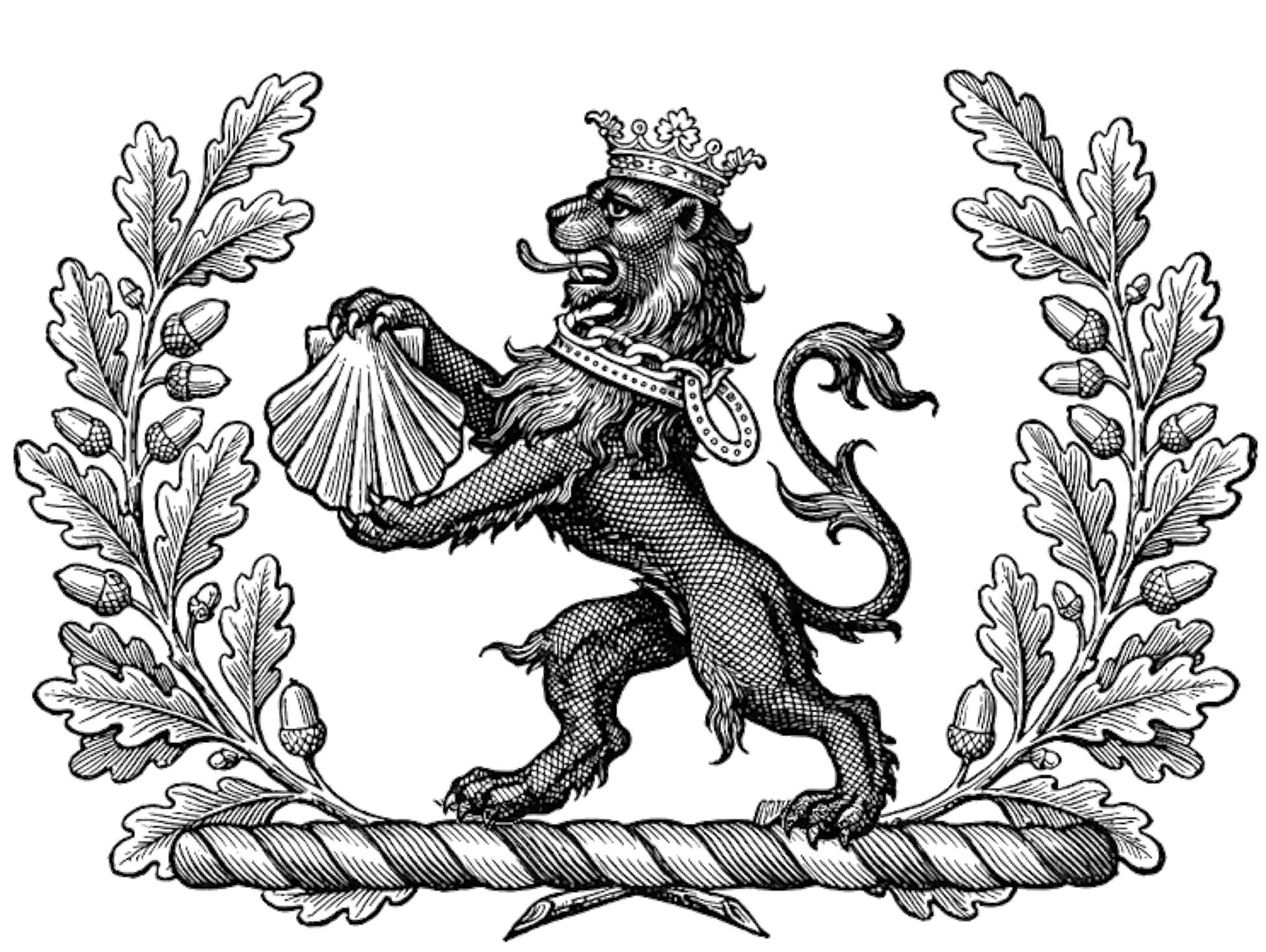 Between two oak-branches proper, on a garb fessewise Vert, a lion rampant Sable, gorged with a ducal coronet, and therefrom a chain reflexed over the back Or, holding between the paws an escallop Gules digital download: Includes Color PNG, B&W PNG, and SVG vector files