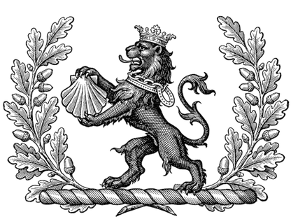 Between two oak-branches proper, on a garb fessewise Vert, a lion rampant Sable, gorged with a ducal coronet, and therefrom a chain reflexed over the back Or, holding between the paws an escallop Gules digital download: Includes Color PNG, B&W PNG, and SVG vector files