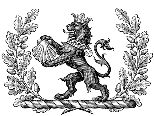Between two oak-branches proper, on a garb fessewise Vert, a lion rampant Sable, gorged with a ducal coronet, and therefrom a chain reflexed over the back Or, holding between the paws an escallop Gules digital download: Includes Color PNG, B&W PNG, and SVG vector files
