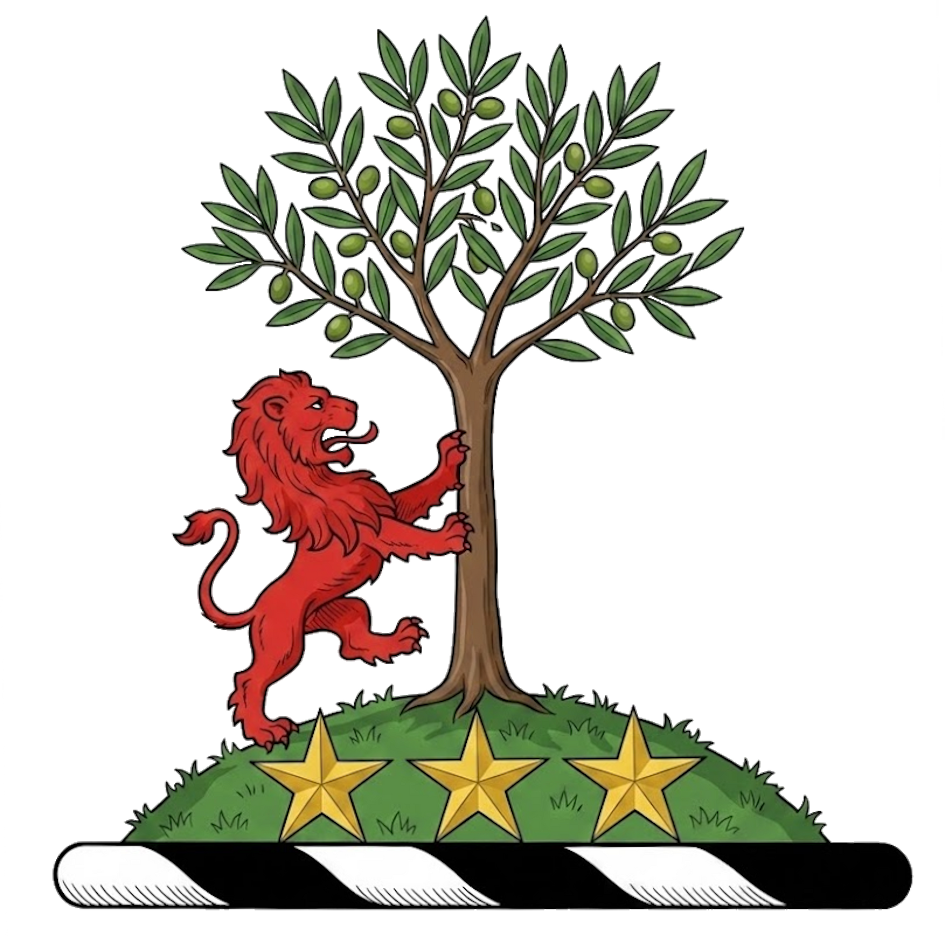 Three mullets or in front of a mount vert thereon an olive-tree ppr. and on the dexter side thereof rampant to the sinister a lion gu. digital download: Includes Color PNG, B&W PNG, and SVG vector files
