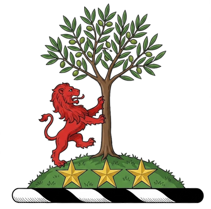 Three mullets or in front of a mount vert thereon an olive-tree ppr. and on the dexter side thereof rampant to the sinister a lion gu. digital download: Includes Color PNG, B&W PNG, and SVG vector files