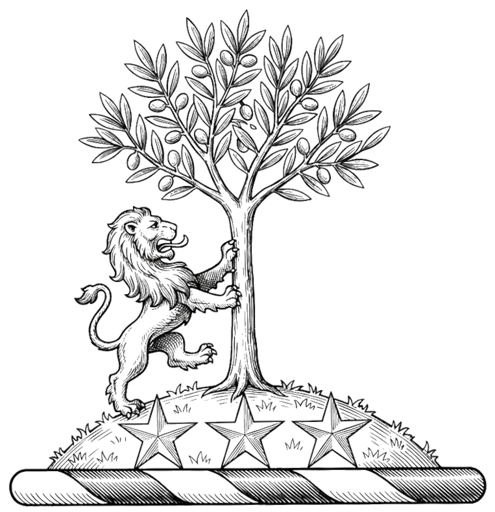 Three mullets or in front of a mount vert thereon an olive-tree ppr. and on the dexter side thereof rampant to the sinister a lion gu. digital download: Includes Color PNG, B&W PNG, and SVG vector files