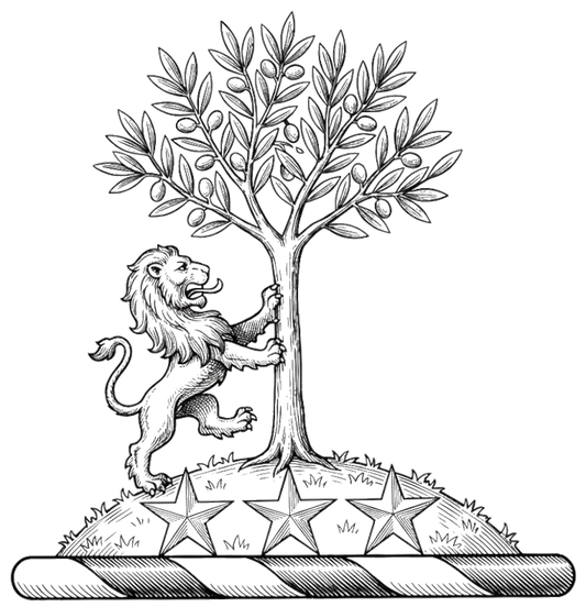 Three mullets or in front of a mount vert thereon an olive-tree ppr. and on the dexter side thereof rampant to the sinister a lion gu. digital download: Includes Color PNG, B&W PNG, and SVG vector files
