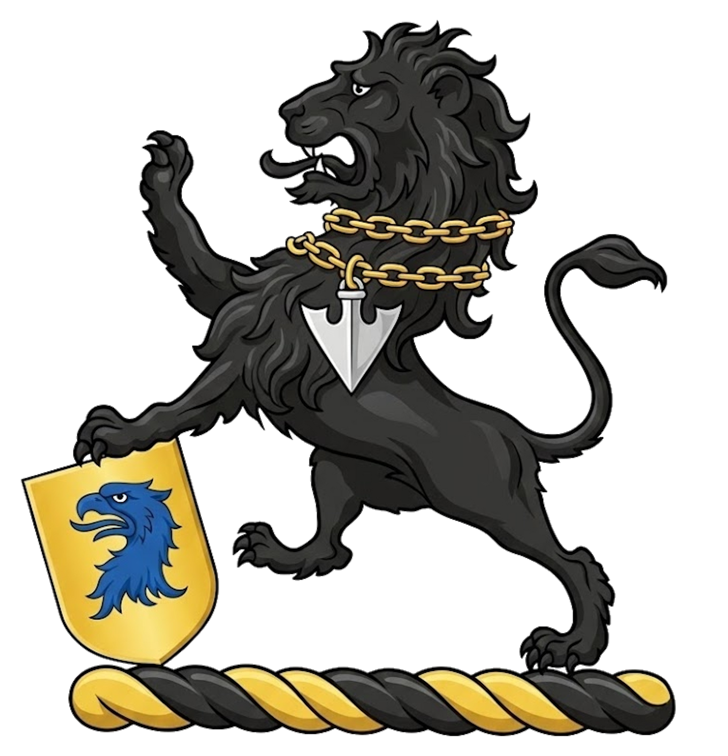 Lion rampant sable, gorged with a double chain or, pendent therefrom a pheon argent, resting the sinister paw on an escutcheon of the second, charged with an eagle’s head erased azure digital download: Includes Color PNG, B&W PNG, and SVG vector files