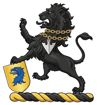 Lion rampant sable, gorged with a double chain or, pendent therefrom a pheon argent, resting the sinister paw on an escutcheon of the second, charged with an eagle’s head erased azure digital download: Includes Color PNG, B&W PNG, and SVG vector files