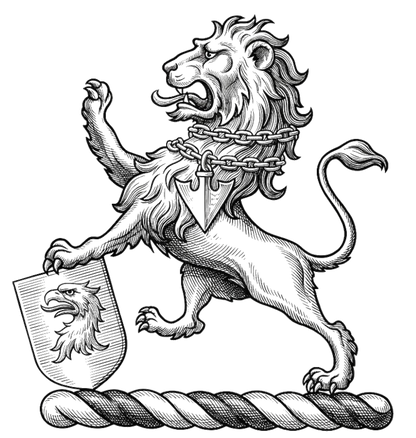 Lion rampant sable, gorged with a double chain or, pendent therefrom a pheon argent, resting the sinister paw on an escutcheon of the second, charged with an eagle’s head erased azure digital download: Includes Color PNG, B&W PNG, and SVG vector files