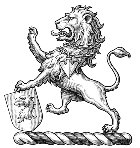 Lion rampant sable, gorged with a double chain or, pendent therefrom a pheon argent, resting the sinister paw on an escutcheon of the second, charged with an eagle’s head erased azure digital download: Includes Color PNG, B&W PNG, and SVG vector files