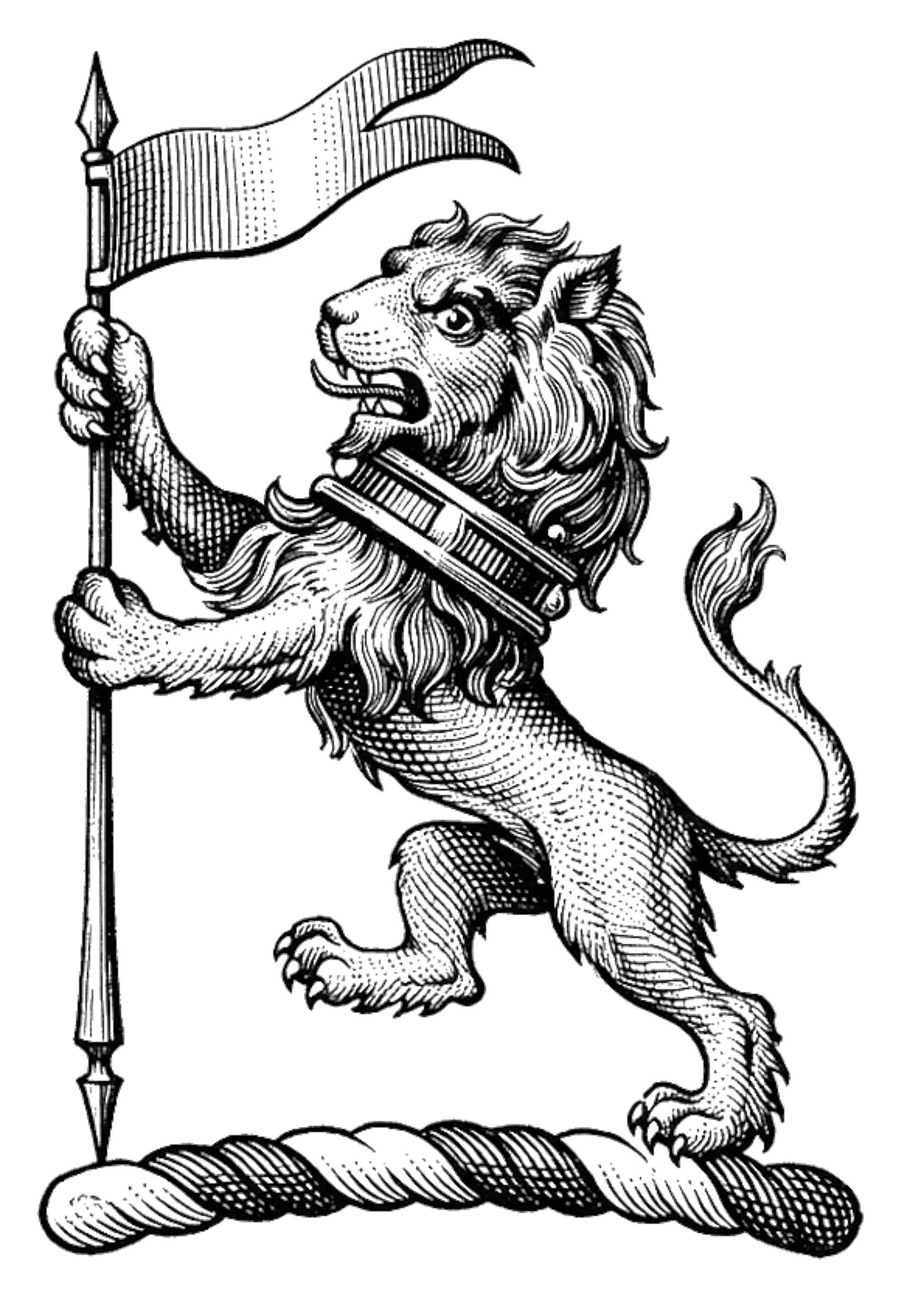 Lion Rampant Or Gorged with a Bar Gemelle Supporting a Pennon digital download: Includes Color PNG, B&W PNG, and SVG vector files