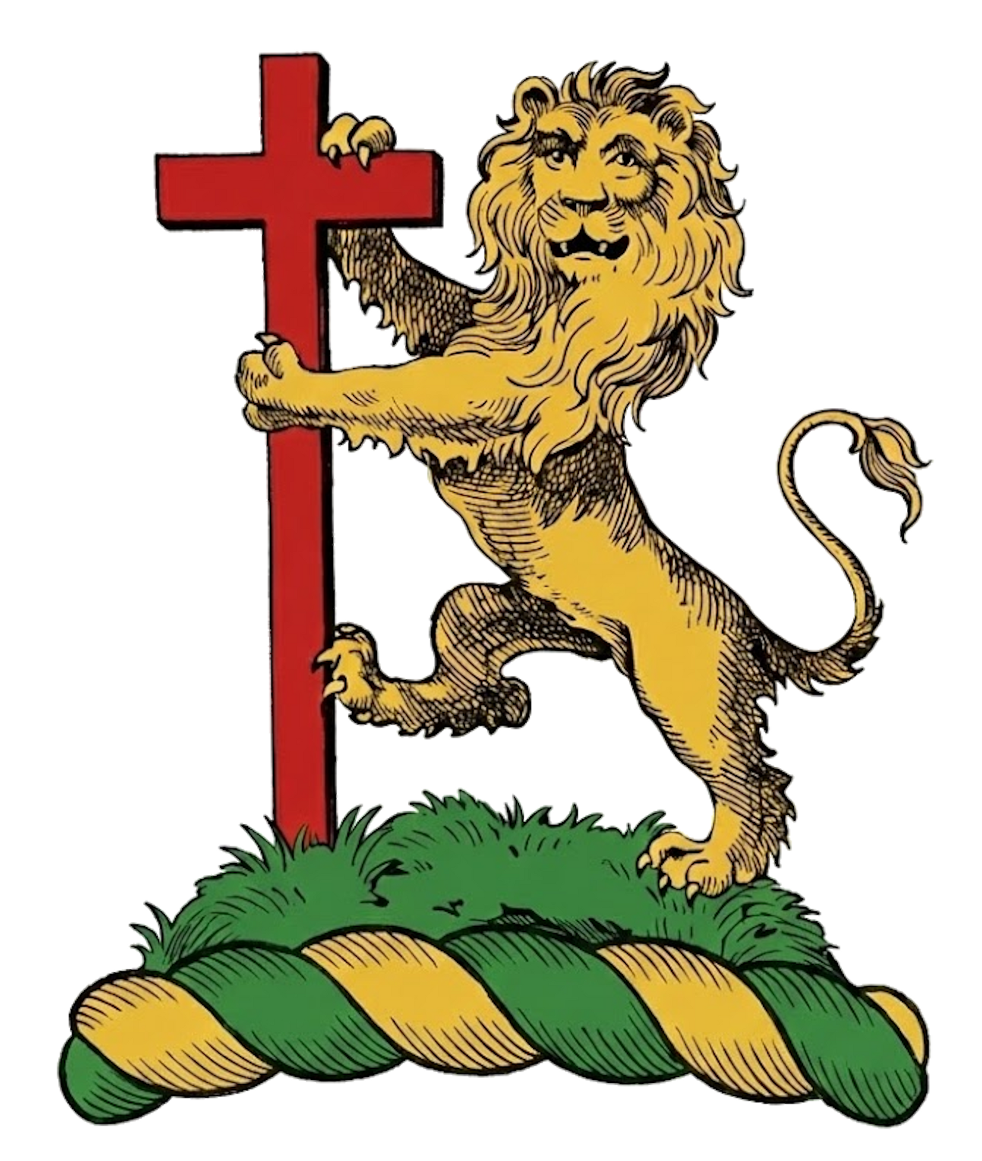 On a mount Vert, a lion rampant gardant Or, supporting a long cross Gules digital download: Includes Color PNG, B&W PNG, and SVG vector files