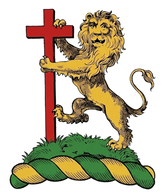 On a mount Vert, a lion rampant gardant Or, supporting a long cross Gules digital download: Includes Color PNG, B&W PNG, and SVG vector files
