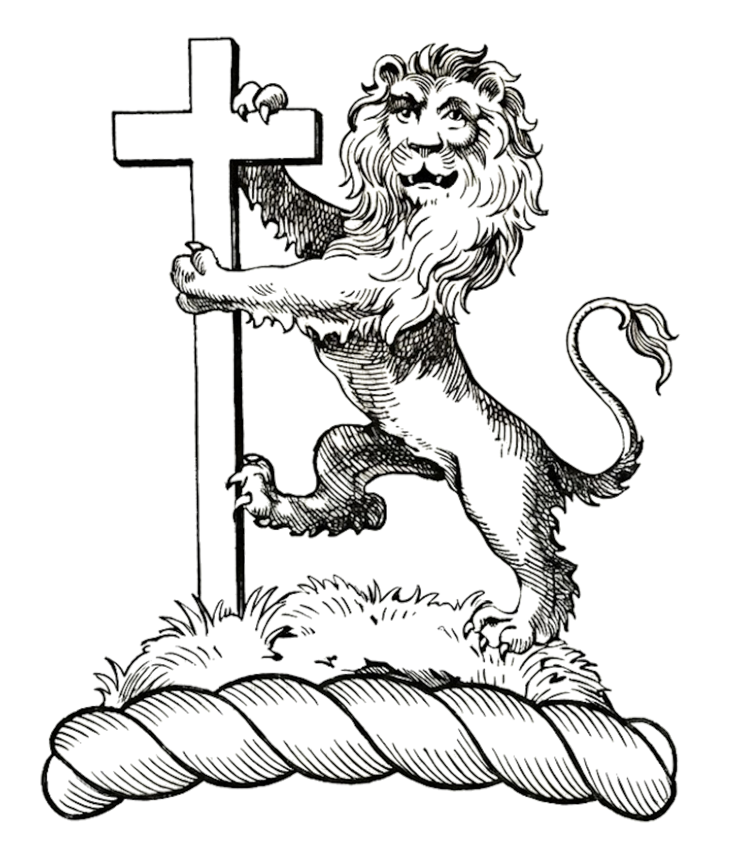 On a mount Vert, a lion rampant gardant Or, supporting a long cross Gules digital download: Includes Color PNG, B&W PNG, and SVG vector files