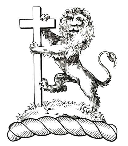 On a mount Vert, a lion rampant gardant Or, supporting a long cross Gules digital download: Includes Color PNG, B&W PNG, and SVG vector files