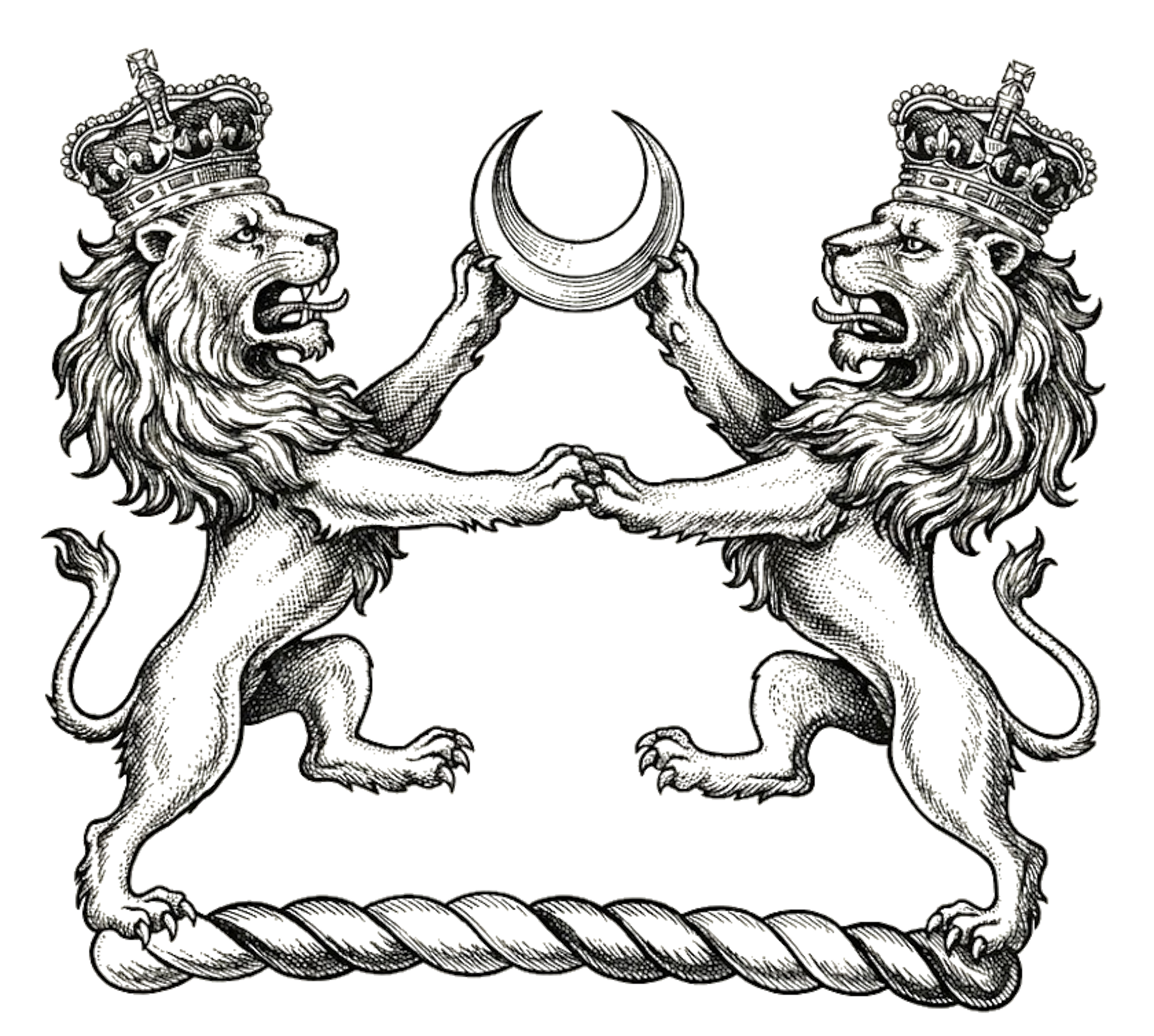 Two Lions Rampant Combatant Supporting a Crescent digital download: Includes Color PNG, B&W PNG, and SVG vector files