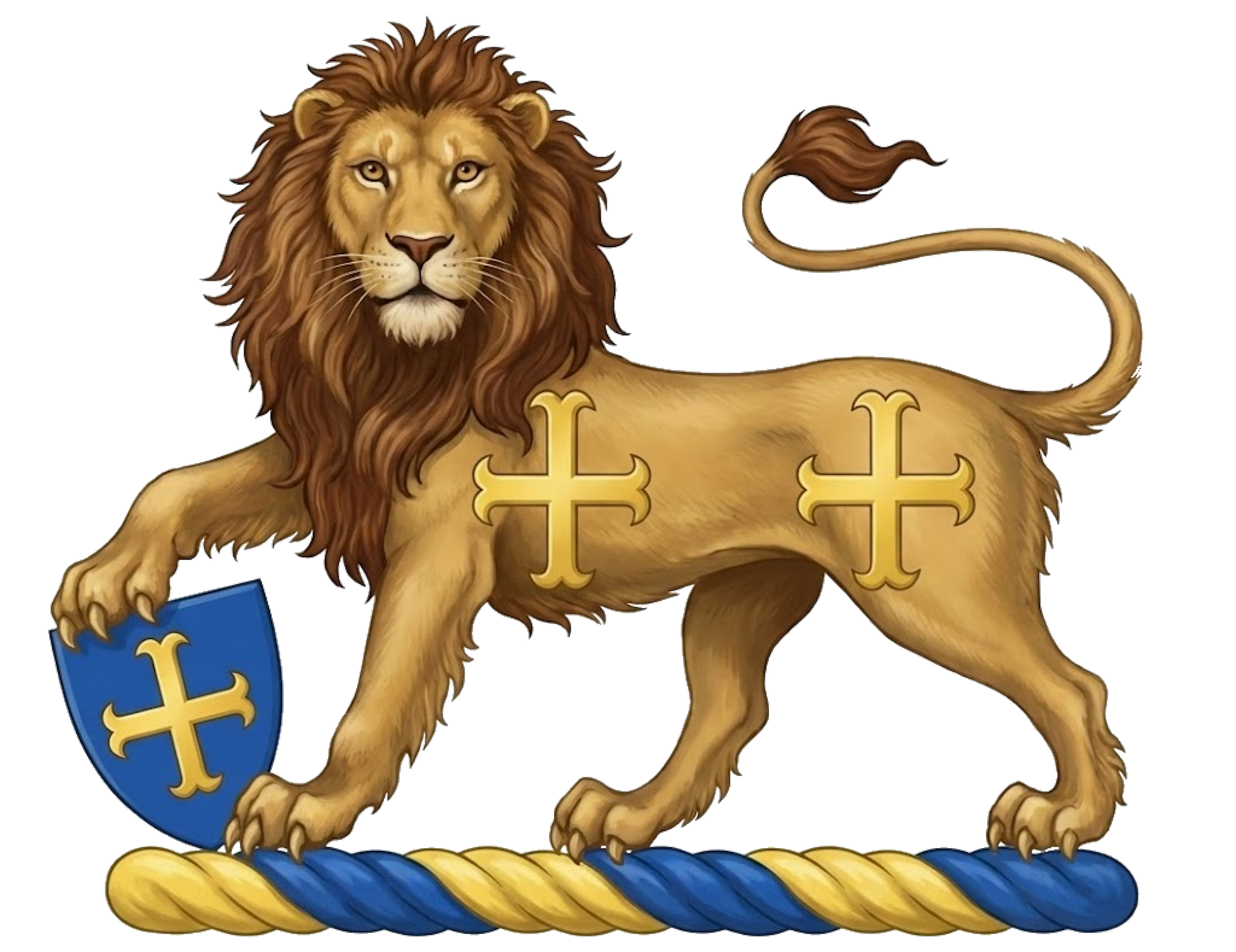 A lion statant guardant, charged on the body with two crosses moline, resting the dexter forepaw on an escutcheon charged with a cross moline digital download: Includes Color PNG, B&W PNG, and SVG vector files