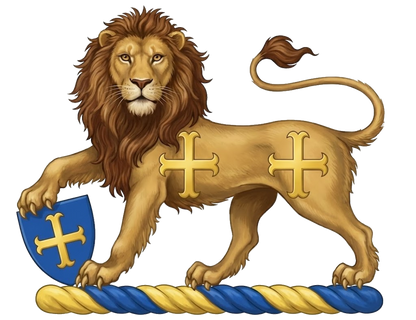 A lion statant guardant, charged on the body with two crosses moline, resting the dexter forepaw on an escutcheon charged with a cross moline digital download: Includes Color PNG, B&W PNG, and SVG vector files