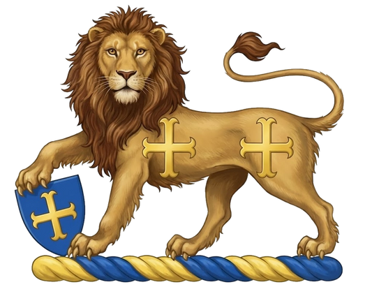A lion statant guardant, charged on the body with two crosses moline, resting the dexter forepaw on an escutcheon charged with a cross moline digital download: Includes Color PNG, B&W PNG, and SVG vector files