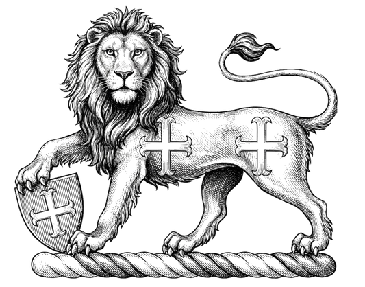 A lion statant guardant, charged on the body with two crosses moline, resting the dexter forepaw on an escutcheon charged with a cross moline digital download: Includes Color PNG, B&W PNG, and SVG vector files