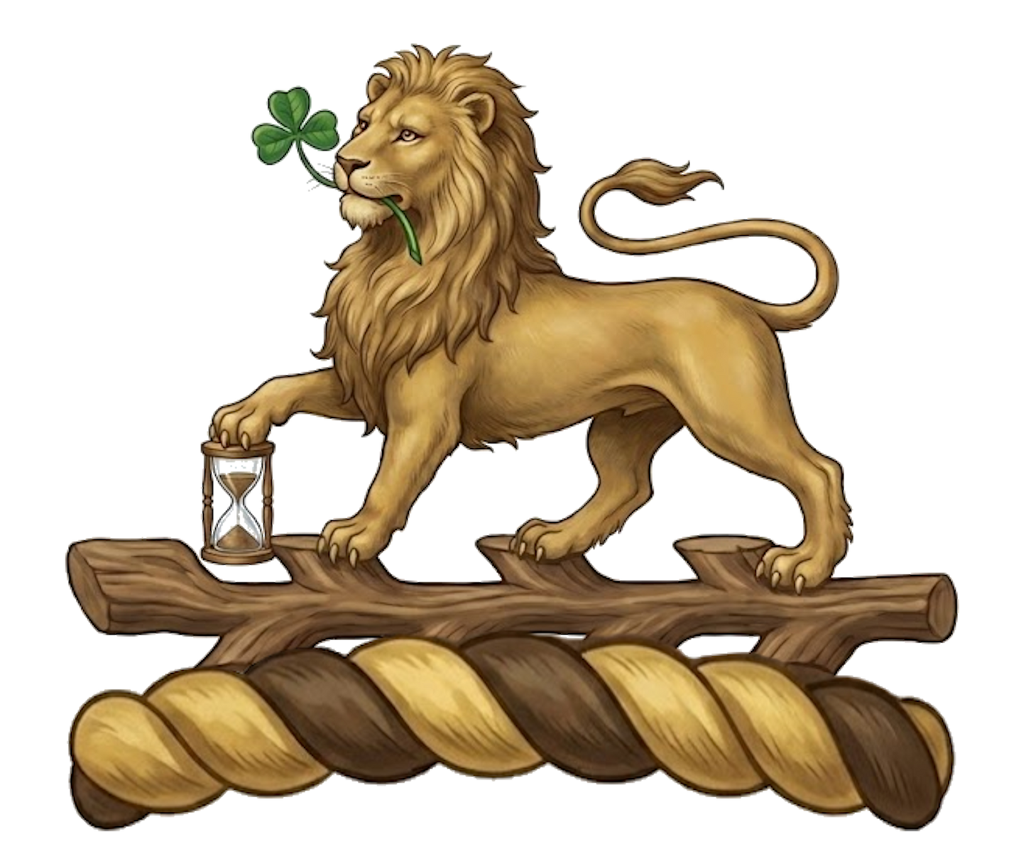 On a staff raguly in fess or, a lion passant resting the dexter fore-paw on an hour-glass erect, and holding in the mouth a trefoil slipped digital download: Includes Color PNG, B&W PNG, and SVG vector files