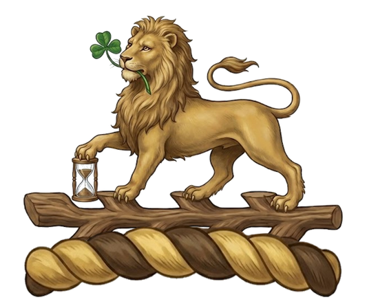 On a staff raguly in fess or, a lion passant resting the dexter fore-paw on an hour-glass erect, and holding in the mouth a trefoil slipped digital download: Includes Color PNG, B&W PNG, and SVG vector files