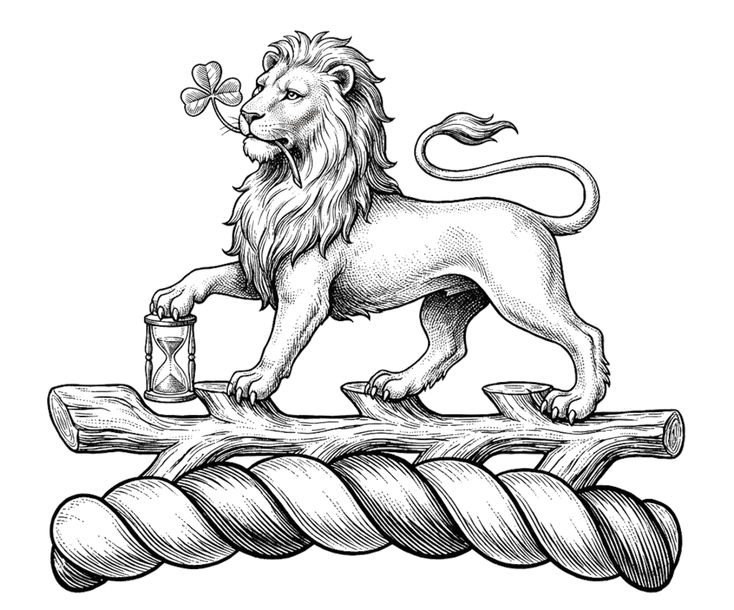 On a staff raguly in fess or, a lion passant resting the dexter fore-paw on an hour-glass erect, and holding in the mouth a trefoil slipped digital download: Includes Color PNG, B&W PNG, and SVG vector files