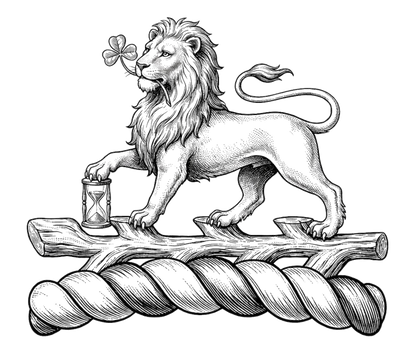 On a staff raguly in fess or, a lion passant resting the dexter fore-paw on an hour-glass erect, and holding in the mouth a trefoil slipped digital download: Includes Color PNG, B&W PNG, and SVG vector files