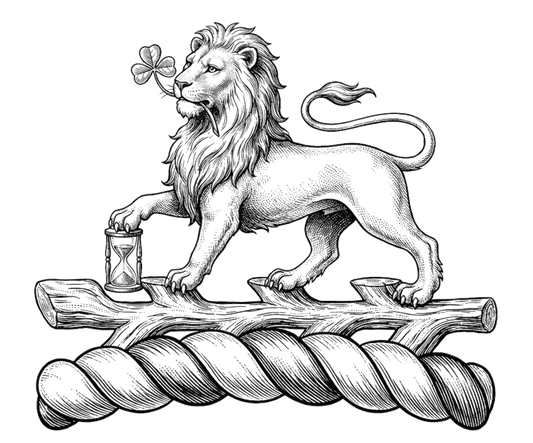 On a staff raguly in fess or, a lion passant resting the dexter fore-paw on an hour-glass erect, and holding in the mouth a trefoil slipped digital download: Includes Color PNG, B&W PNG, and SVG vector files