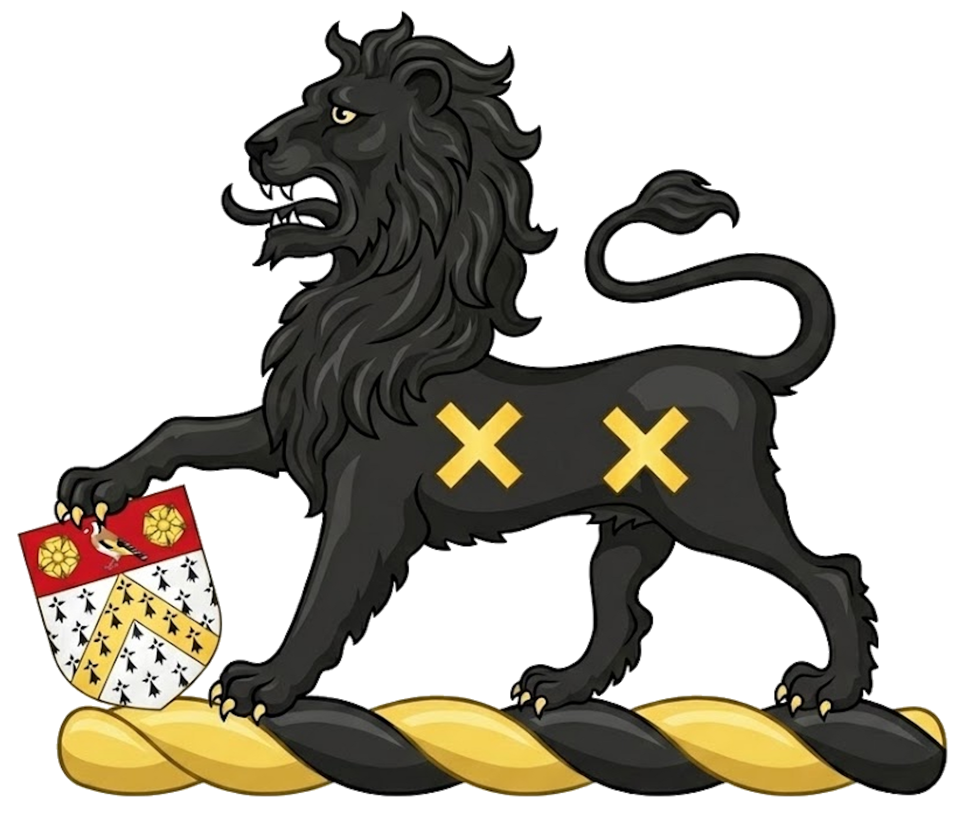 Lion Passant Sable Charged with Saltires Resting Paw on Escutcheon digital download: Includes Color PNG, B&W PNG, and SVG vector files