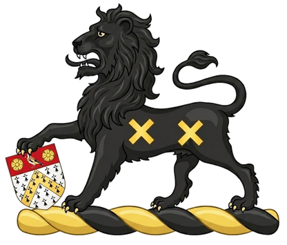 Lion Passant Sable Charged with Saltires Resting Paw on Escutcheon digital download: Includes Color PNG, B&W PNG, and SVG vector files