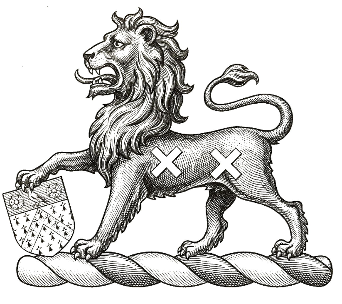 Lion Passant Sable Charged with Saltires Resting Paw on Escutcheon digital download: Includes Color PNG, B&W PNG, and SVG vector files