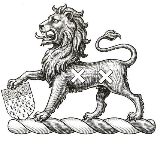 Lion Passant Sable Charged with Saltires Resting Paw on Escutcheon digital download: Includes Color PNG, B&W PNG, and SVG vector files