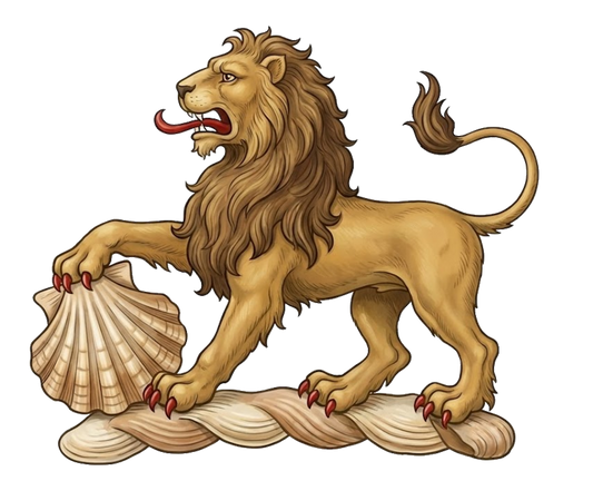 A lion passant, resting the dexter paw on an escallop digital download: Includes Color PNG, B&W PNG, and SVG vector files