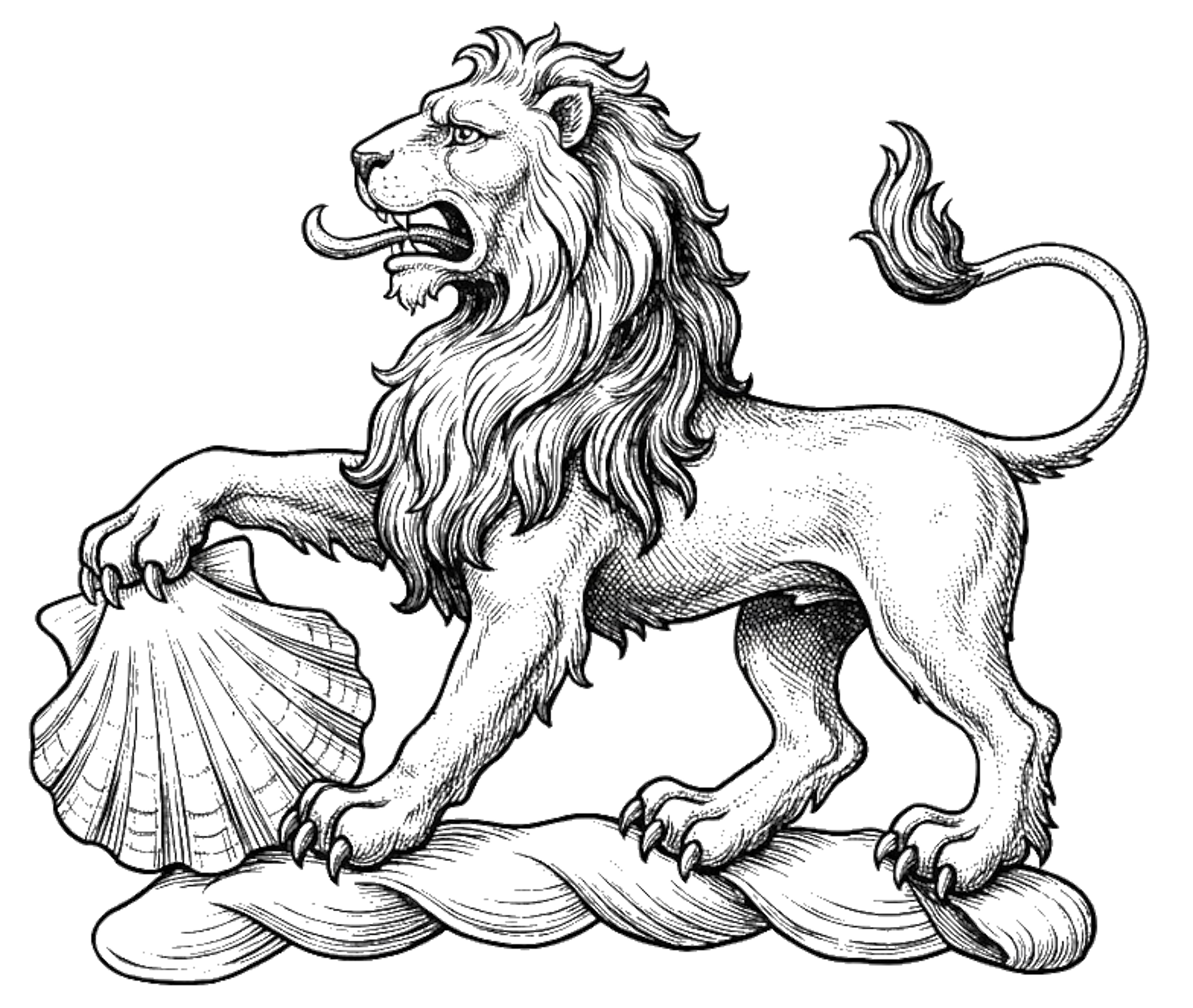 A lion passant, resting the dexter paw on an escallop digital download: Includes Color PNG, B&W PNG, and SVG vector files