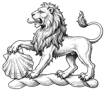A lion passant, resting the dexter paw on an escallop digital download: Includes Color PNG, B&W PNG, and SVG vector files
