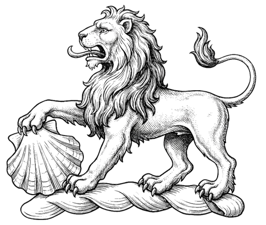 A lion passant, resting the dexter paw on an escallop digital download: Includes Color PNG, B&W PNG, and SVG vector files