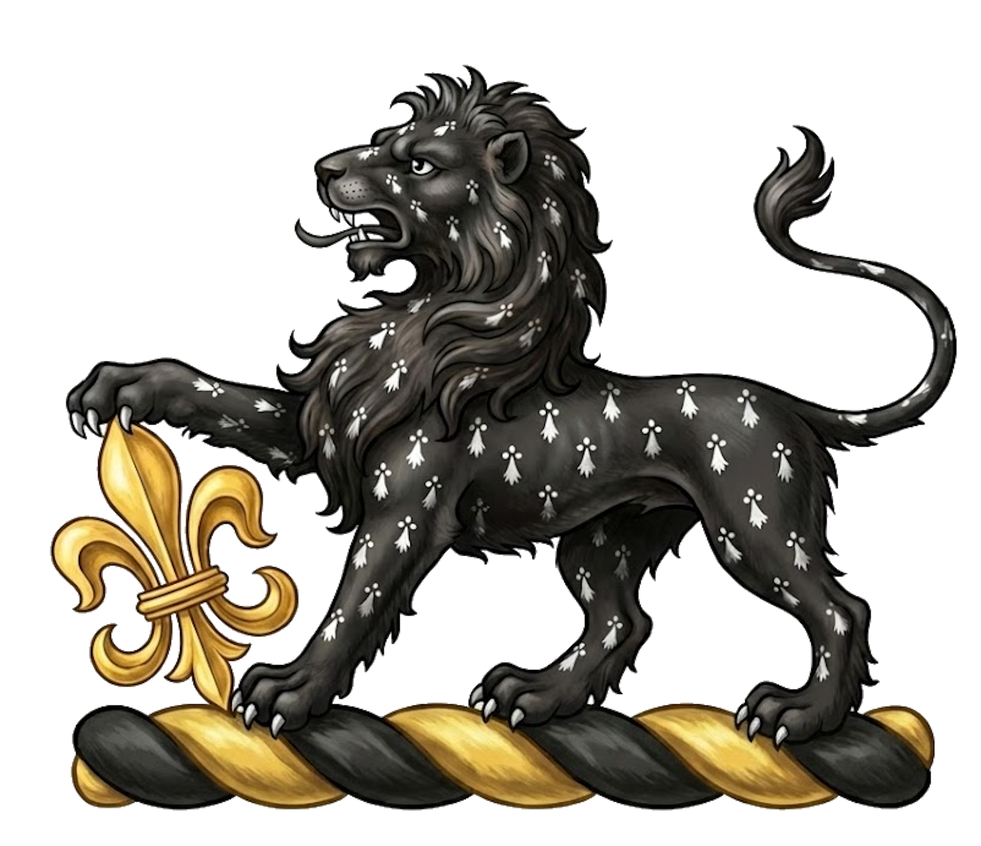 A lion passant ermines, resting the dexter paw on a fleur-de-lis or digital download: Includes Color PNG, B&W PNG, and SVG vector files