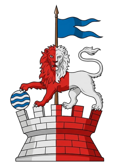 Lion Passant Gardant on Tower with Lance and Fountain digital download: Includes Color PNG, B&W PNG, and SVG vector files
