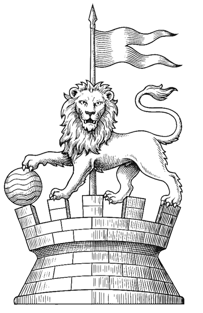 Lion Passant Gardant on Tower with Lance and Fountain digital download: Includes Color PNG, B&W PNG, and SVG vector files