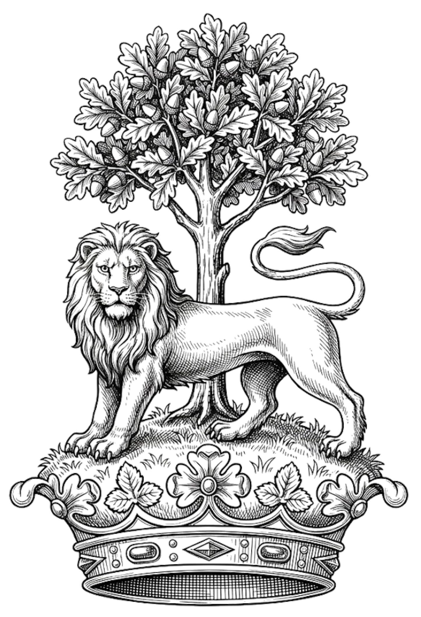 Out of a Ducal Coronet, a Lion Statant Gardant in front of an Oak Tree digital download: Includes Color PNG, B&W PNG, and SVG vector files