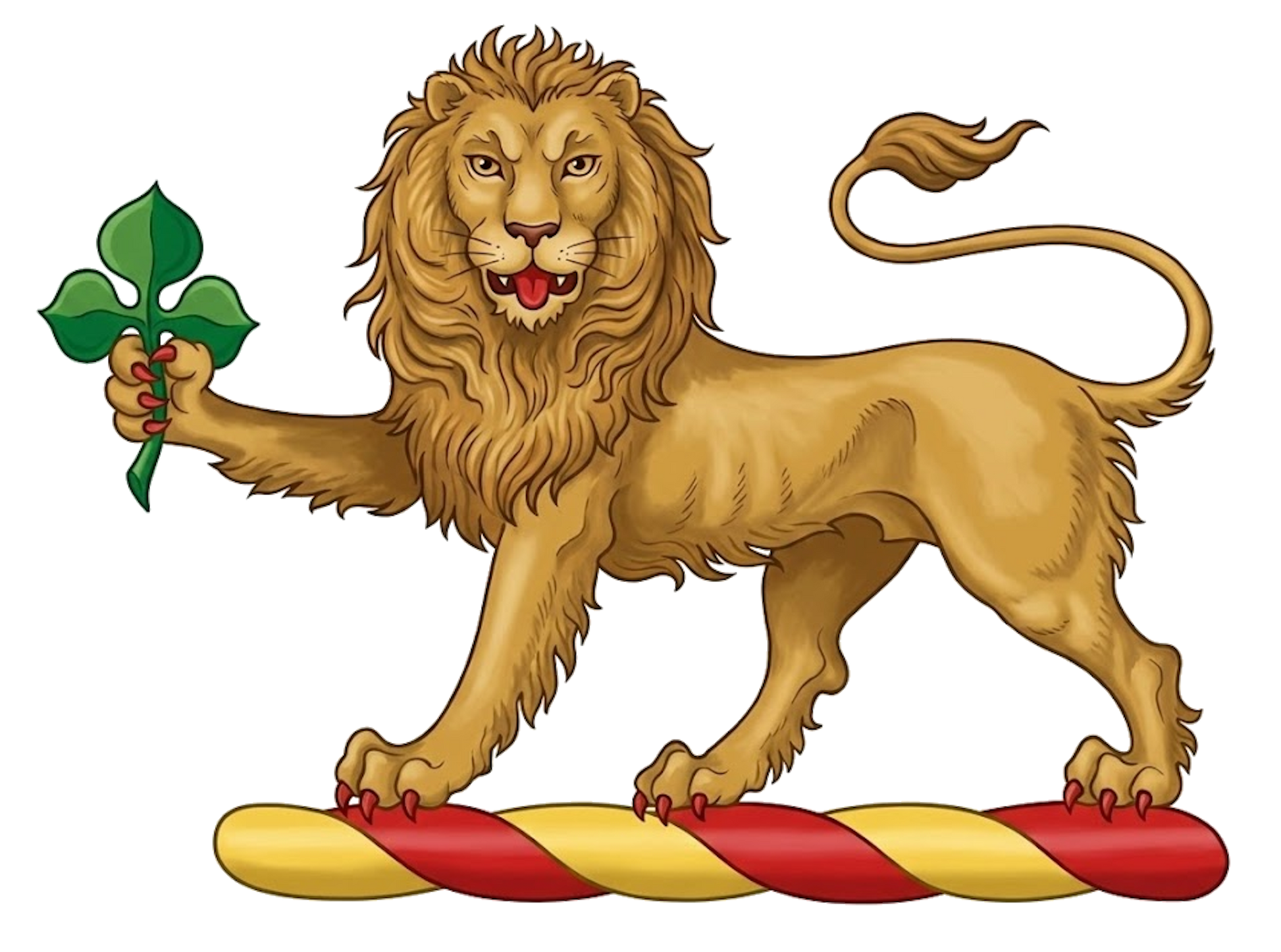 A lion passant guardant ppr., holding in the dexter paw a trefoil slipped vert digital download: Includes Color PNG, B&W PNG, and SVG vector files