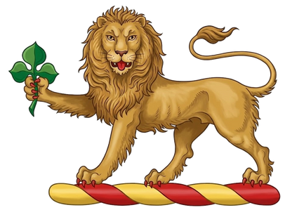 A lion passant guardant ppr., holding in the dexter paw a trefoil slipped vert digital download: Includes Color PNG, B&W PNG, and SVG vector files