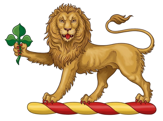 A lion passant guardant ppr., holding in the dexter paw a trefoil slipped vert digital download: Includes Color PNG, B&W PNG, and SVG vector files