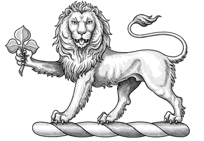 A lion passant guardant ppr., holding in the dexter paw a trefoil slipped vert digital download: Includes Color PNG, B&W PNG, and SVG vector files