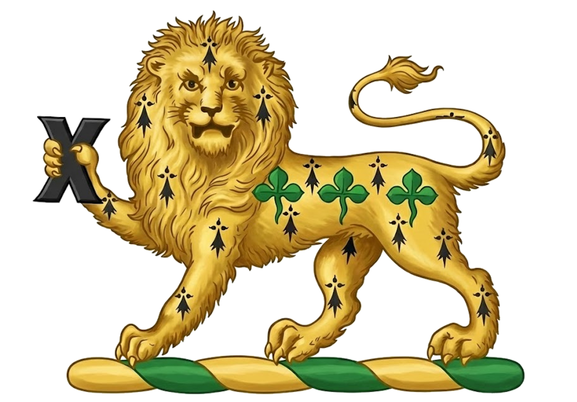 A lion passant gardant erminois, charged upon the body with three trefoils in fesse slipped vert, and holding in the dexter paw a fer-de-moline sa digital download: Includes Color PNG, B&W PNG, and SVG vector files