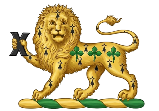 A lion passant gardant erminois, charged upon the body with three trefoils in fesse slipped vert, and holding in the dexter paw a fer-de-moline sa digital download: Includes Color PNG, B&W PNG, and SVG vector files