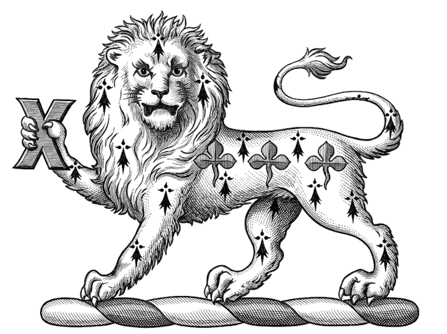 A lion passant gardant erminois, charged upon the body with three trefoils in fesse slipped vert, and holding in the dexter paw a fer-de-moline sa digital download: Includes Color PNG, B&W PNG, and SVG vector files