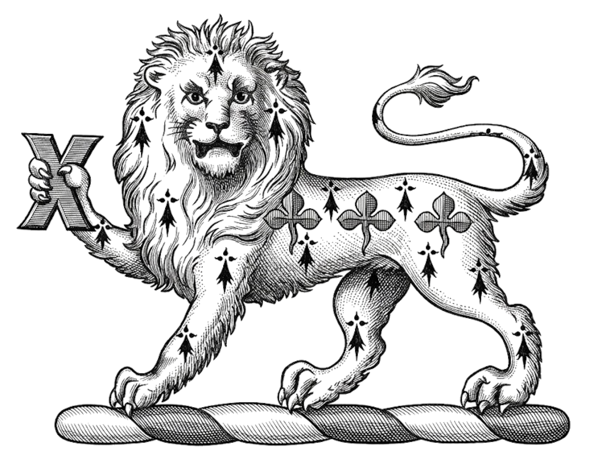 A lion passant gardant erminois, charged upon the body with three trefoils in fesse slipped vert, and holding in the dexter paw a fer-de-moline sa digital download: Includes Color PNG, B&W PNG, and SVG vector files
