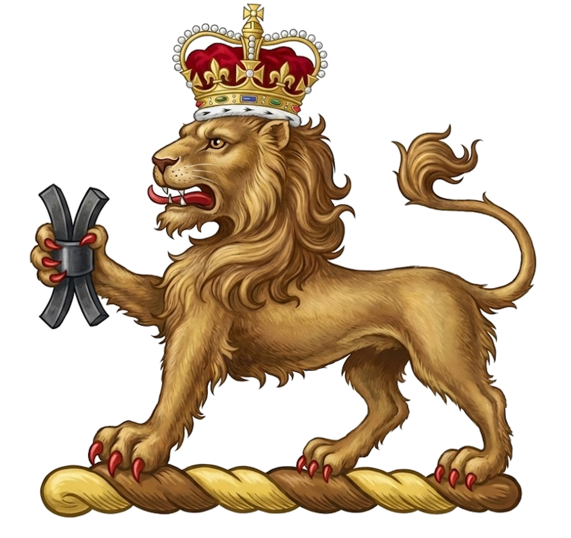 A lion passant gardant, ducally crowned, holding in the dexter paw a millrind digital download: Includes Color PNG, B&W PNG, and SVG vector files