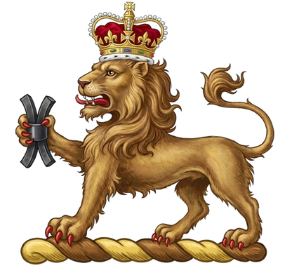 A lion passant gardant, ducally crowned, holding in the dexter paw a millrind digital download: Includes Color PNG, B&W PNG, and SVG vector files